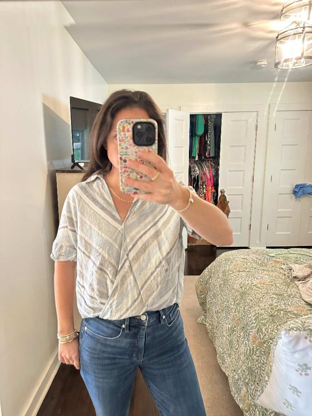 LOFT Outlet Blue Gray Stripe Wrap Front Short Sleeve Blouse | Size XS
